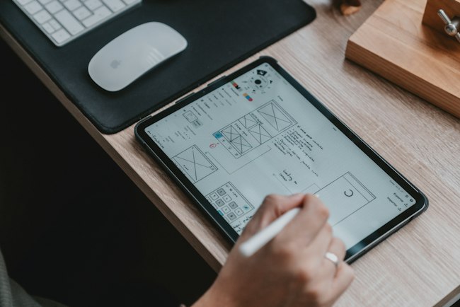 Design sketches and interface ideas laid out on a desk
